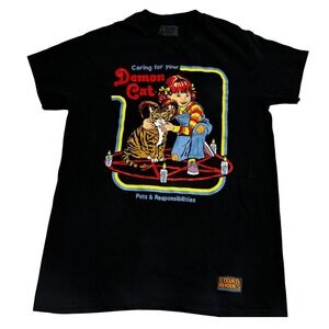 Steven Rhodes Caring for your Demon Cat Black Graphic T Shirt Small